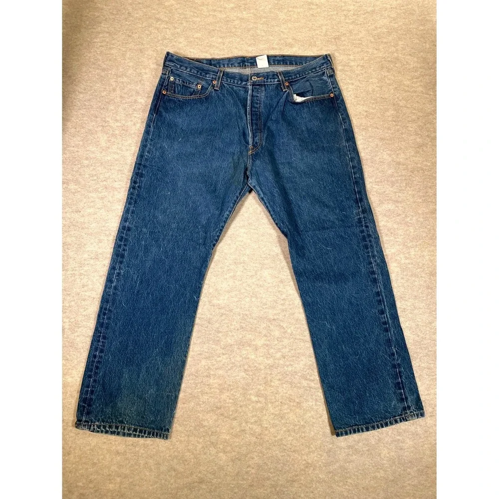 Levis 501 Original Fit Jeans Mens 42x32 Blue Denim Cotton Straight Leg High Rise